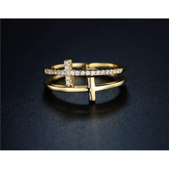 18K Gold Plated Cubic Double Cross Ring - Picture 3 of 7